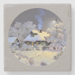 Winter Cottage Stone Coaster