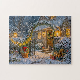 Winter Cottage with Squirrel, Cat and Robin Artwor Jigsaw Puzzle