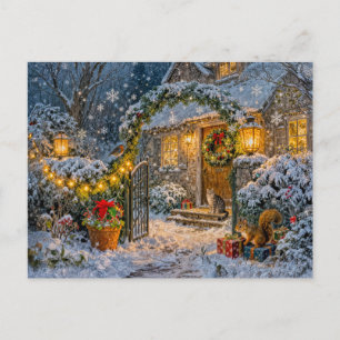 Winter Cottage with Squirrel, Cat and Robin Artwor Postcard