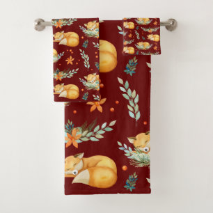 Winter Cottagecore Sleeping Fox Dark Red  Bath Towel Set