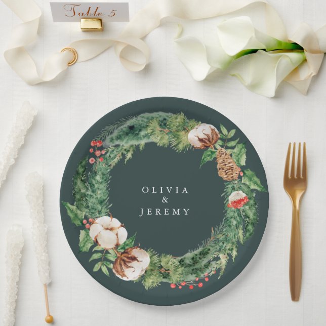 Winter Cotton and Greens  Mongram Wedding Paper Plate (Wedding)