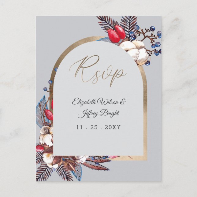 Winter Cotton Dusty Blue Red Berries Arched Rsvp Invitation Postcard (Front)