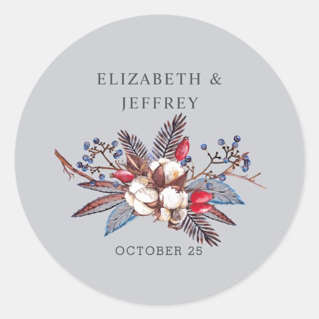Winter Cotton Dusty Blue Red Berries Wedding Classic Round Sticker (Front)