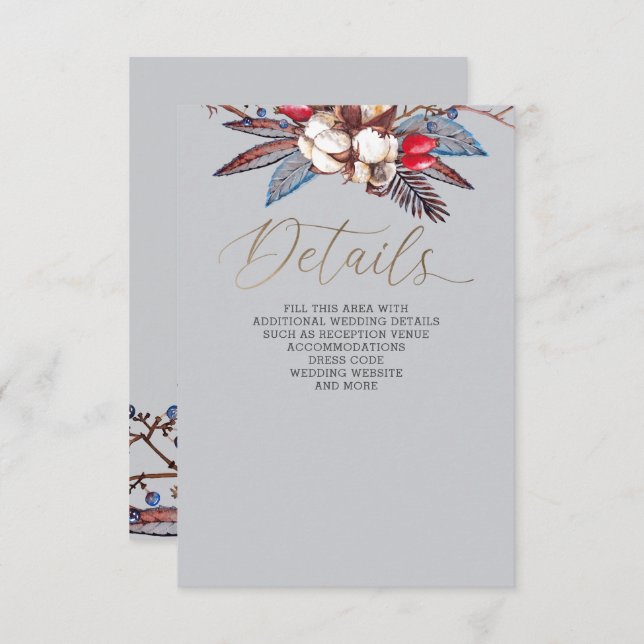 Winter Cotton Dusty Blue Red Berries Wedding Enclosure Card (Front/Back)