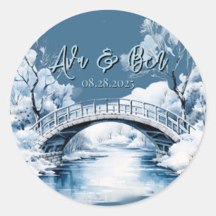 Winter Country Water Stream Bridge Wedding Classic Round Sticker