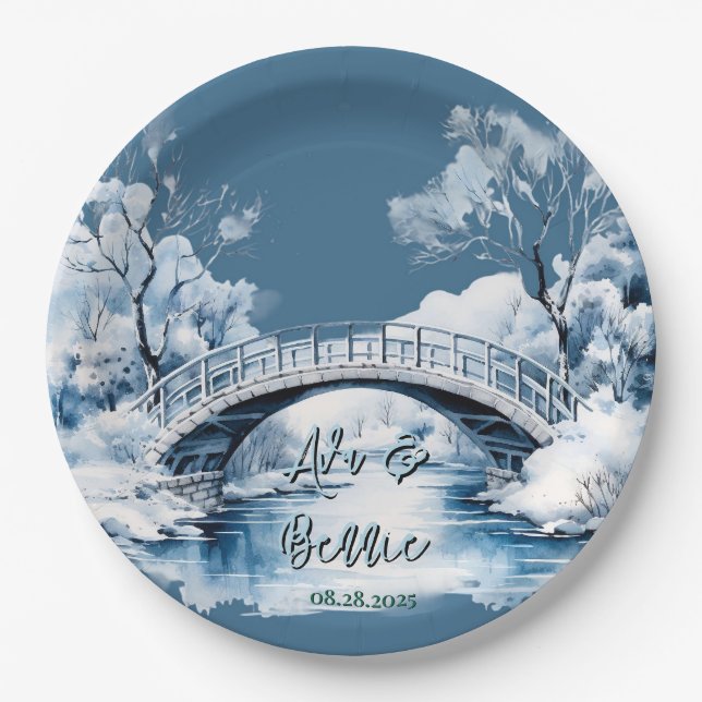 Winter Country Water Stream Bridge Wedding Paper Plate (Front)