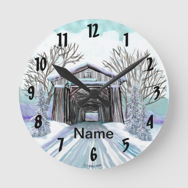 Winter Covered Bridge Round Clock (Front)