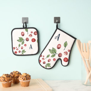 Winter Cranberry Monogram  Oven Mitt & Pot Holder Set
