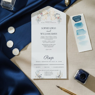 Winter Cream Bow Dusty Blue Blush Floral Wedding All In One Invitation
