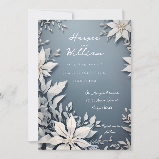 Winter crisp white and blue wedding invitation (Front)