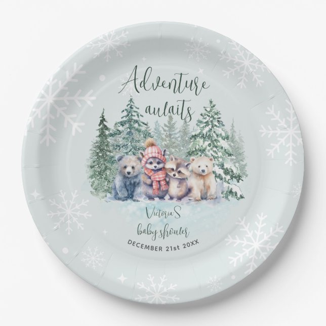 Winter Cute Animals Baby Shower Paper Plate (Front)