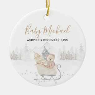 Winter Cute Bear Baby Boy Pregnancy Announcement Ceramic Tree Decoration