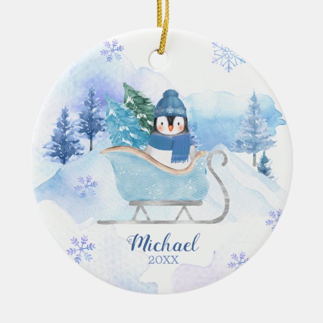 Winter Cute Penguin Blue Snowflakes Mountain Ceramic Tree Decoration (Front)