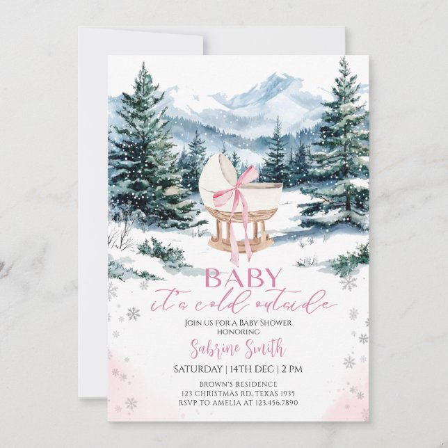 Winter Cute Pink Bow Cradle Baby Shower Invitation (Front)
