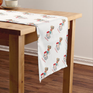 Winter Cute Sled Pattern Red White Merry Christmas Long Table Runner