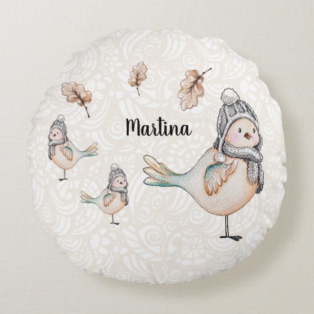 Winter Cute Sparrow Illustration Personalised Round Cushion (Front)