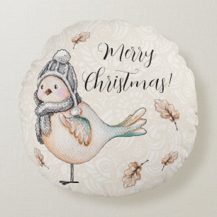 Winter Cute Sparrow Illustration Round Cushion