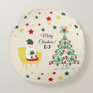 Winter Cute Teddy Bear Stars Tree Merry Christmas Round Cushion