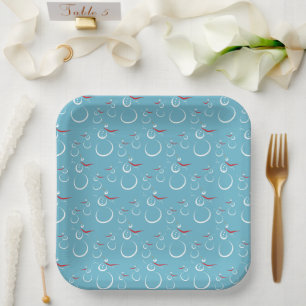 Winter Cyan Cute Snowman Family Pattern Paper Plate