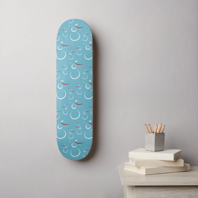 Winter Cyan Cute Snowman Family Pattern Skateboard (Wall Art)