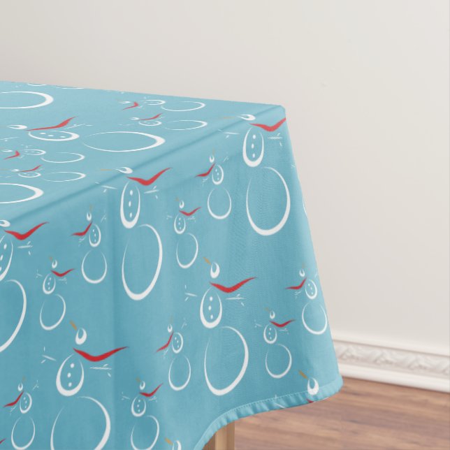 Winter Cyan Cute Snowman Family Pattern Tablecloth (In Situ)