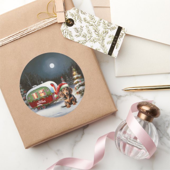 Winter Dachshund Caravan Christmas Adventure  Classic Round Sticker (Gifting)