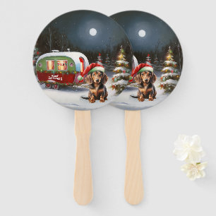 Winter Dachshund Caravan Christmas Adventure  Hand Fan