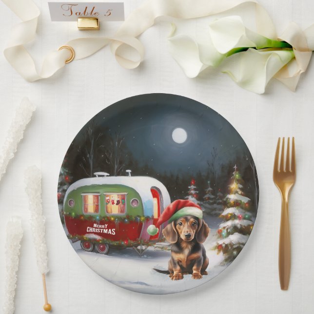 Winter Dachshund Caravan Christmas Adventure  Paper Plate (Wedding)