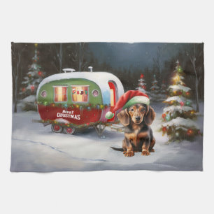 Winter Dachshund Caravan Christmas Adventure  Tea Towel