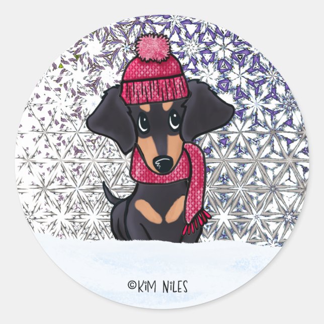 Winter Dachshund Classic Round Stick Classic Round Sticker (Front)