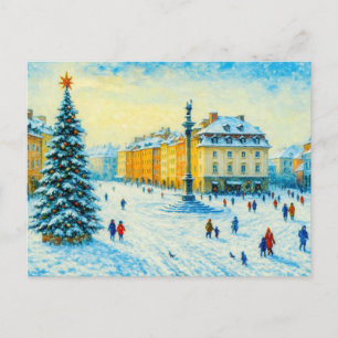 Winter day in Warsaw - oil painting with Christmas Holiday Postcard