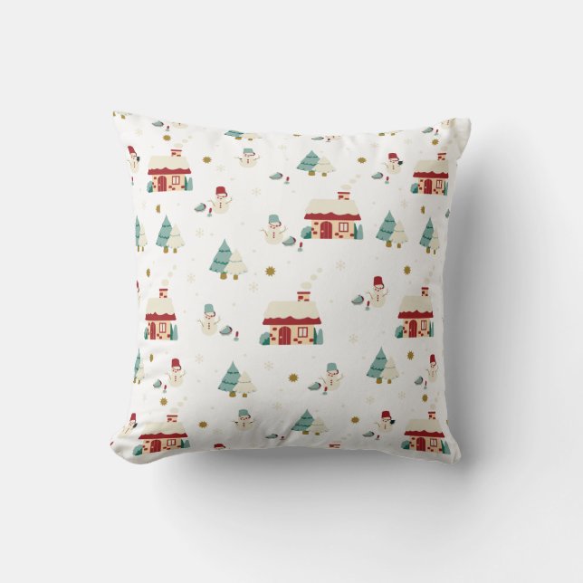 Winter Daytime Village Scene with Snowmen Cushion (Front)