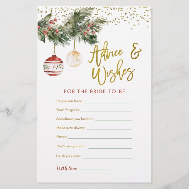 Winter Deck the Halls Bridal Shower Adive & Wishes (Front)