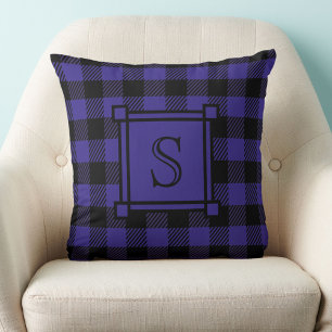 Winter Decor Blue Buffalo Plaid Custom Monogram Cushion