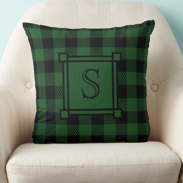 Winter Decor Green Buffalo Plaid Custom Monogram Cushion (Creator Uploaded)