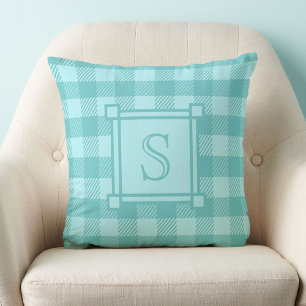 Winter Decor Teal Buffalo Plaid Custom Monogram Cushion