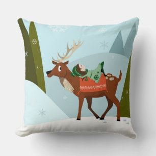 Winter deer and elf in snow Christmas tale fun art Cushion