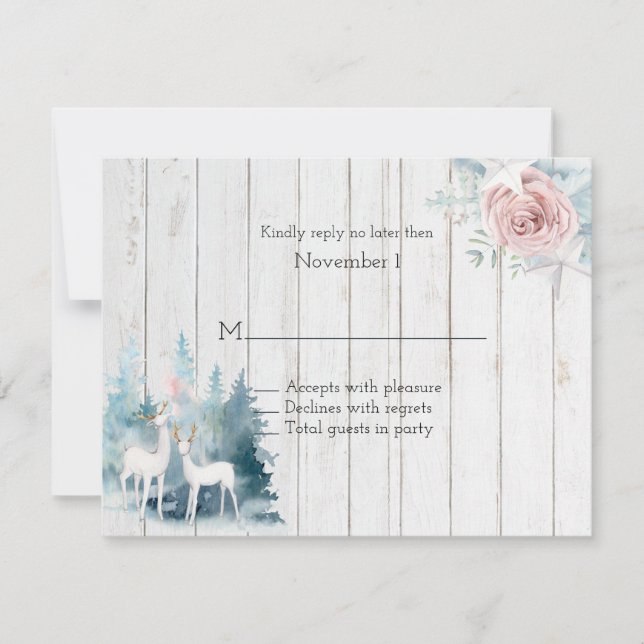 Winter Deer and Foliage on Wood Wedding  Invitation (Front)