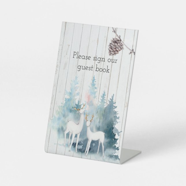 Winter Deer and Foliage on Wood Wedding   Pedestal Sign (Front)