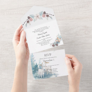 Winter Deer and Foliage Watercolor Wedding All In One Invitation