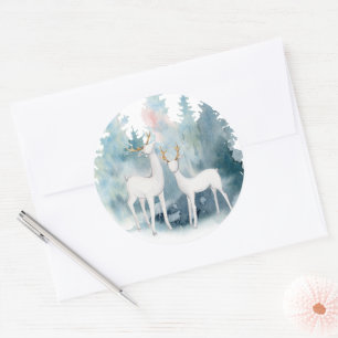 Winter Deer and Foliage Watercolor Wedding Classic Round Sticker