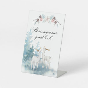 Winter Deer and Foliage Watercolor Wedding  Pedestal Sign