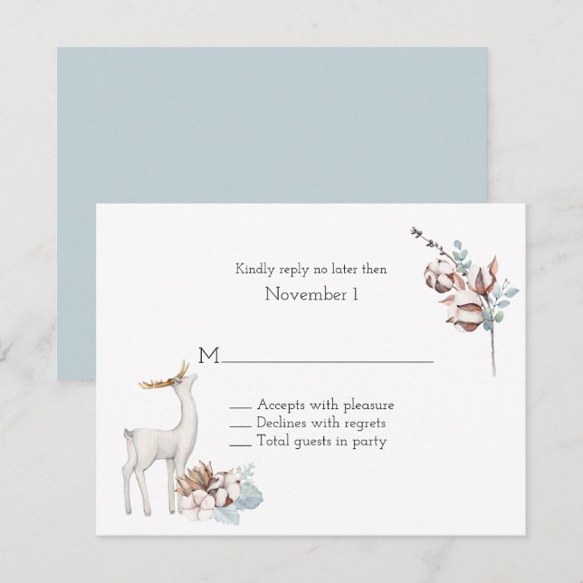 Winter Deer and Foliage Watercolor Wedding RSVP Invitation (Front/Back)