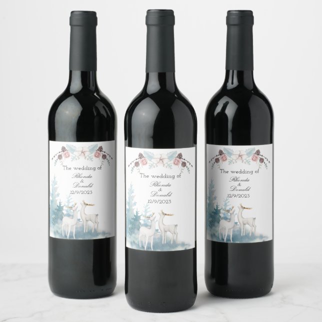 Winter Deer and Foliage Watercolor Wedding  Wine Label (Bottles)