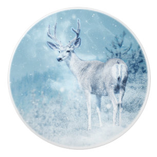 Winter Deer and Pine Trees Ceramic Knob
