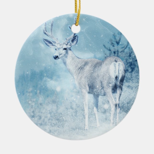 Winter Deer and Pine Trees Ceramic Tree Decoration (Front)