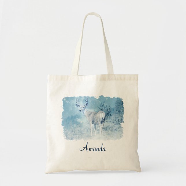 Winter Deer and Pine Trees Custom Tote Bag (Front)