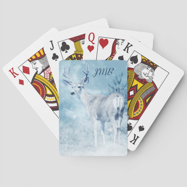 Winter Deer and Pine Trees Monogram Playing Cards (Back)