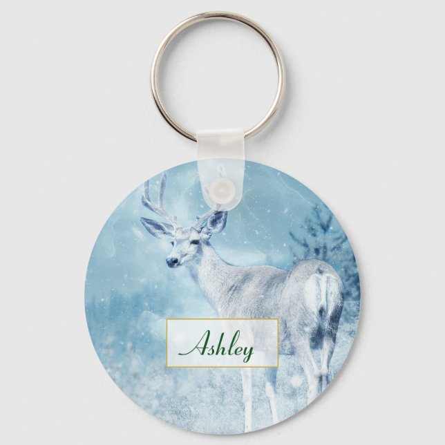 Winter Deer and Pine Trees Personalised Key Ring (Front)