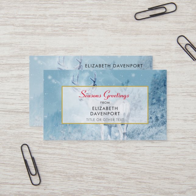Winter Deer and Pine Trees Seasons Greetings Business Card (Front/Back In Situ)